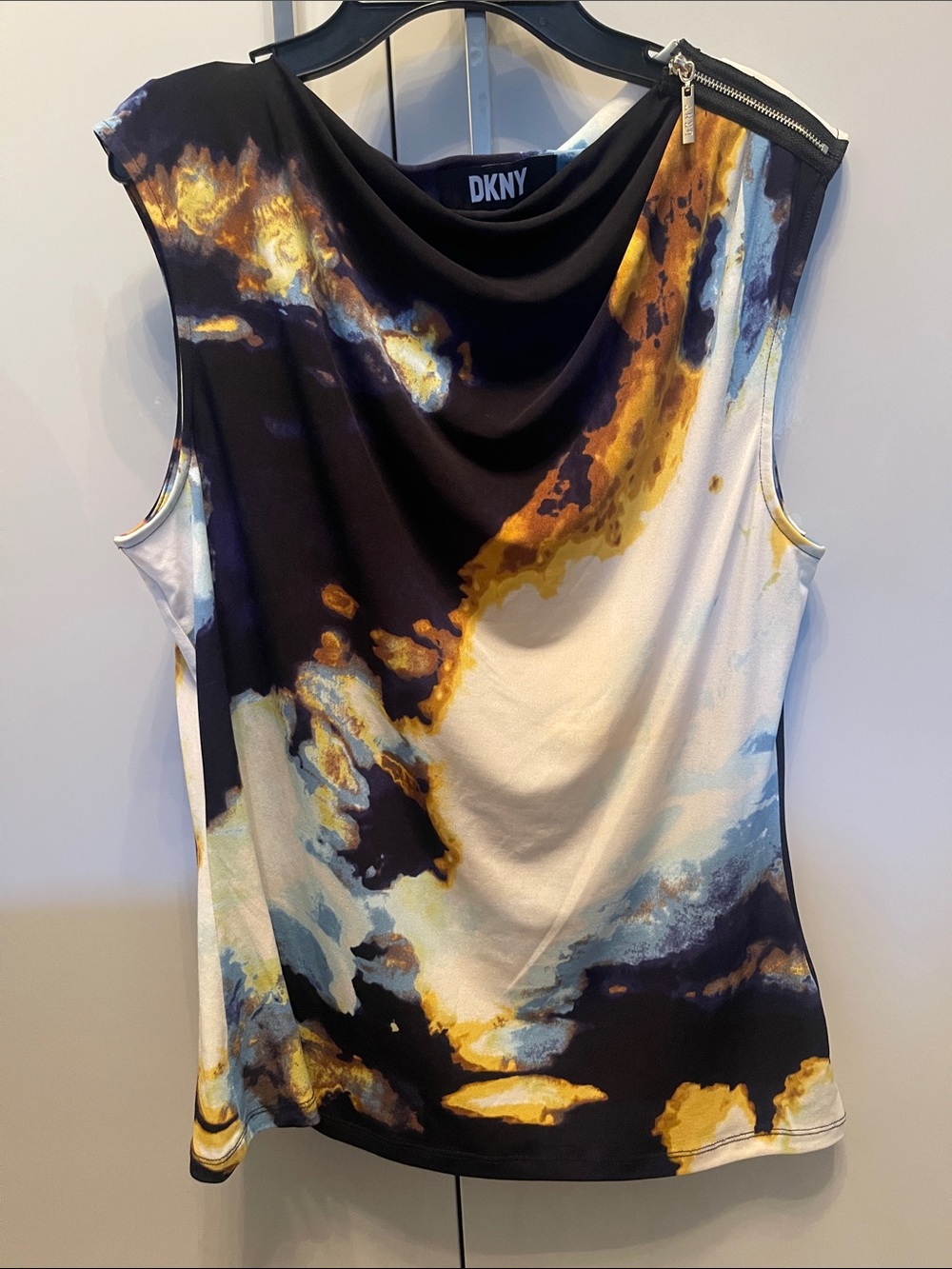 DKNY Black, Gold & White Abstract Cowl Neck Sleeveless Top